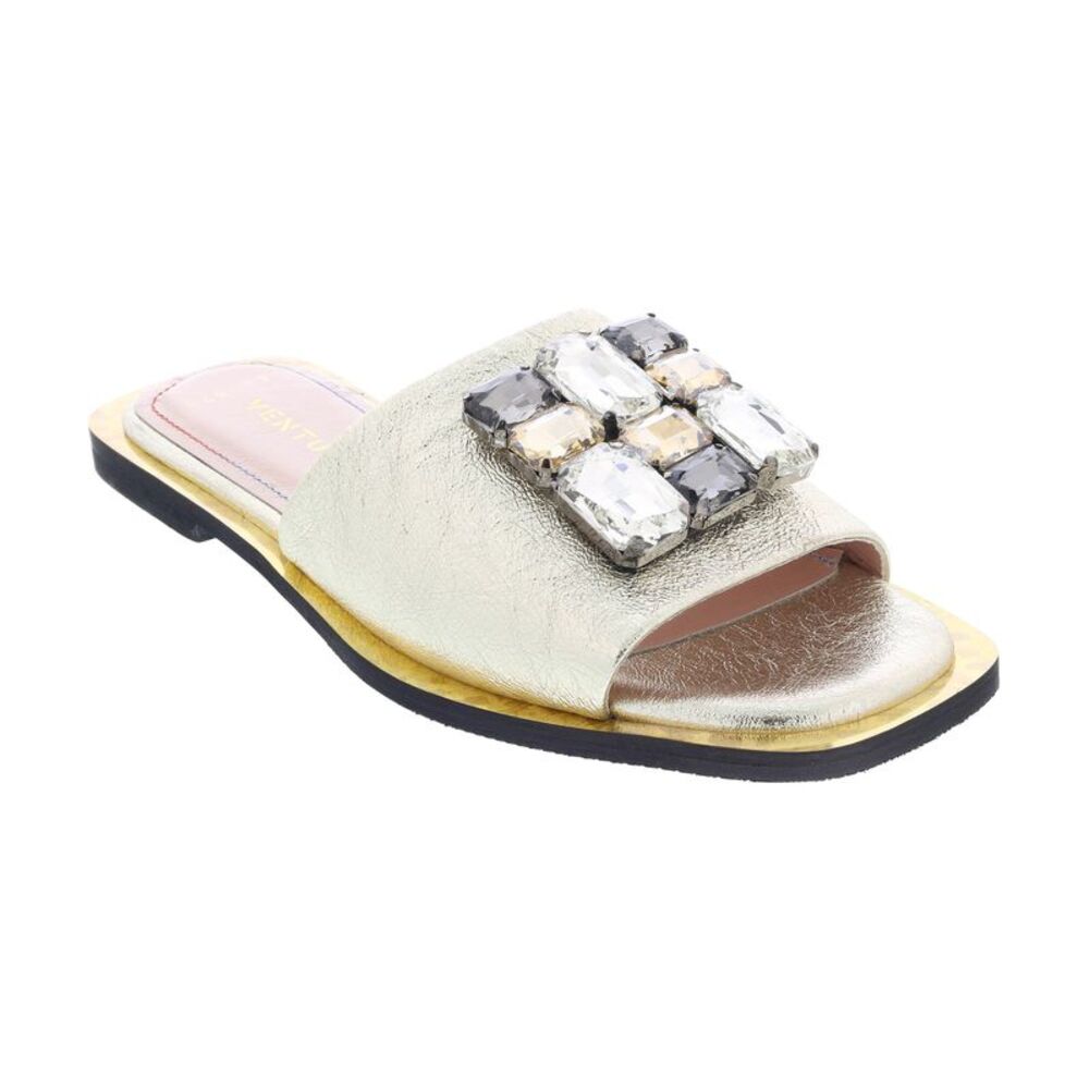 Ventutto Gold Crystal Embellished Leather Slide